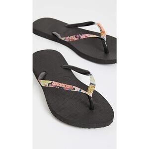 Havaianas Slim Tropical Strap Slip On Thong Flip-Flop Sandals Black 35/6 NWT